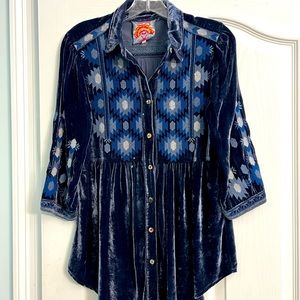 Johnny Was crushed velvet embroidered blue top